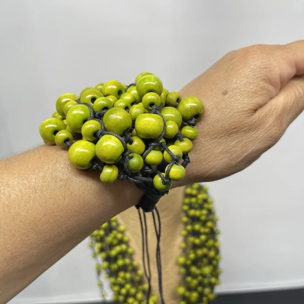 Bohemian Wooden Bead Necklace & Bracelet Set Multi Strand Chunky Lime Green